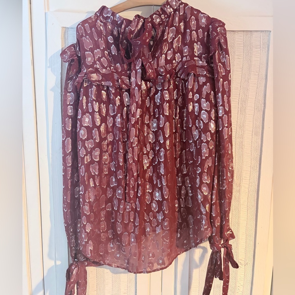 Veronica Beard Brooks Blouse Top Metallic Burgundy Silver 12 - Picture 8 of 9